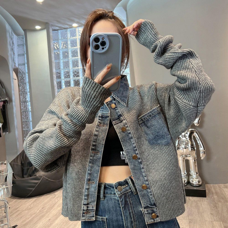 Design Sense Niche Loose Fashion Short Jacket Top Women's Autumn New Vintage Denim Stitching Knitted Jacket Design Sense Niche Loose Fashion Short Jacket Top Women's Autumn New Vintage Denim Stitching Knitted Jacket