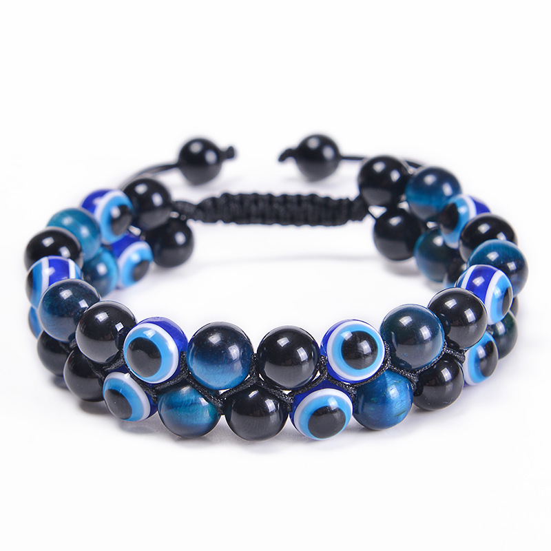 Cross-border Evil Eye Bracelet Tiger Eye Black Magnet Bracelet Double-layer Woven Evil Eye Natural Stone Bracelet for Men