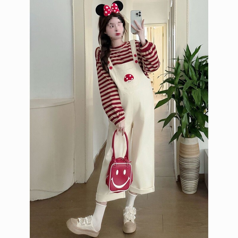 Off-White Overalls Two-Piece Suit for Women Spring & Fall Wide-Leg Straight Large Size Maternity Wear Petite Denim Jumpsuit