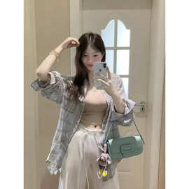 实价蓝色格子衬衫女春秋外搭设计感小众时尚外穿衬衣夏季外套
