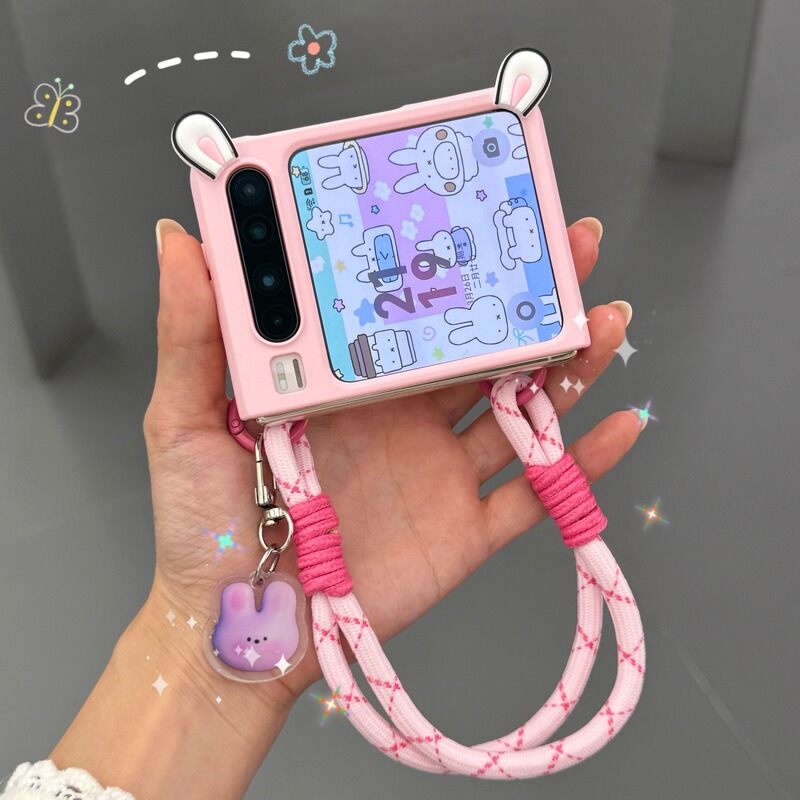 For Huawei PuraX Pink Rabbit Ear Bracket Phone Case Hard Shell Wide Folding Cartoon Cute New Form Collection Version Purax Series Protective Case Drop-resistant Protective Case Case
