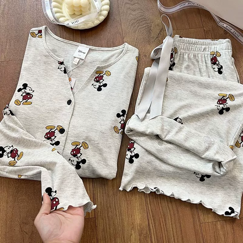 Весенний новый стиль пижамы женский модаль V-образный кардиган костюм милый сладкий длинный рукав можно носить на улице