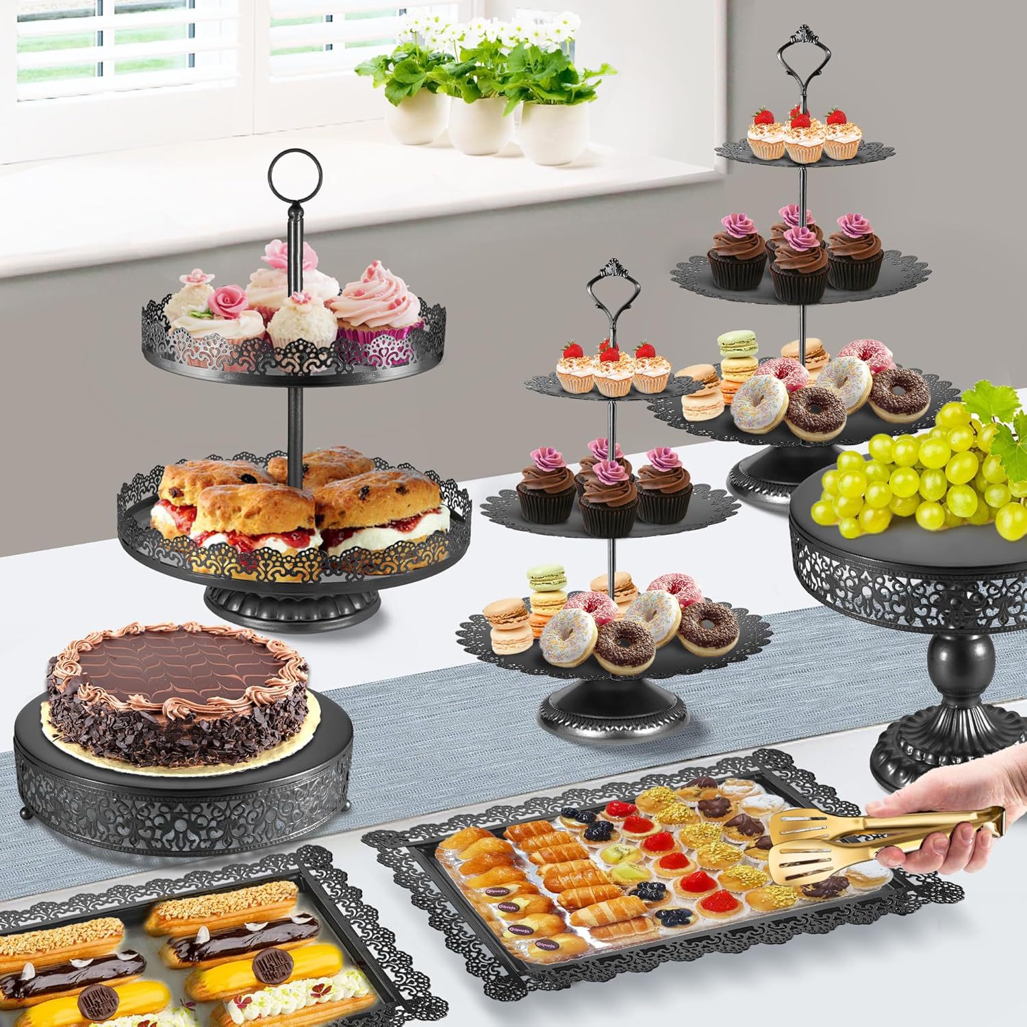 Estante de pastel negro, tabla de postres Set de exhibición Estante de cupcake de metal para pastel de cumpleaños de boda