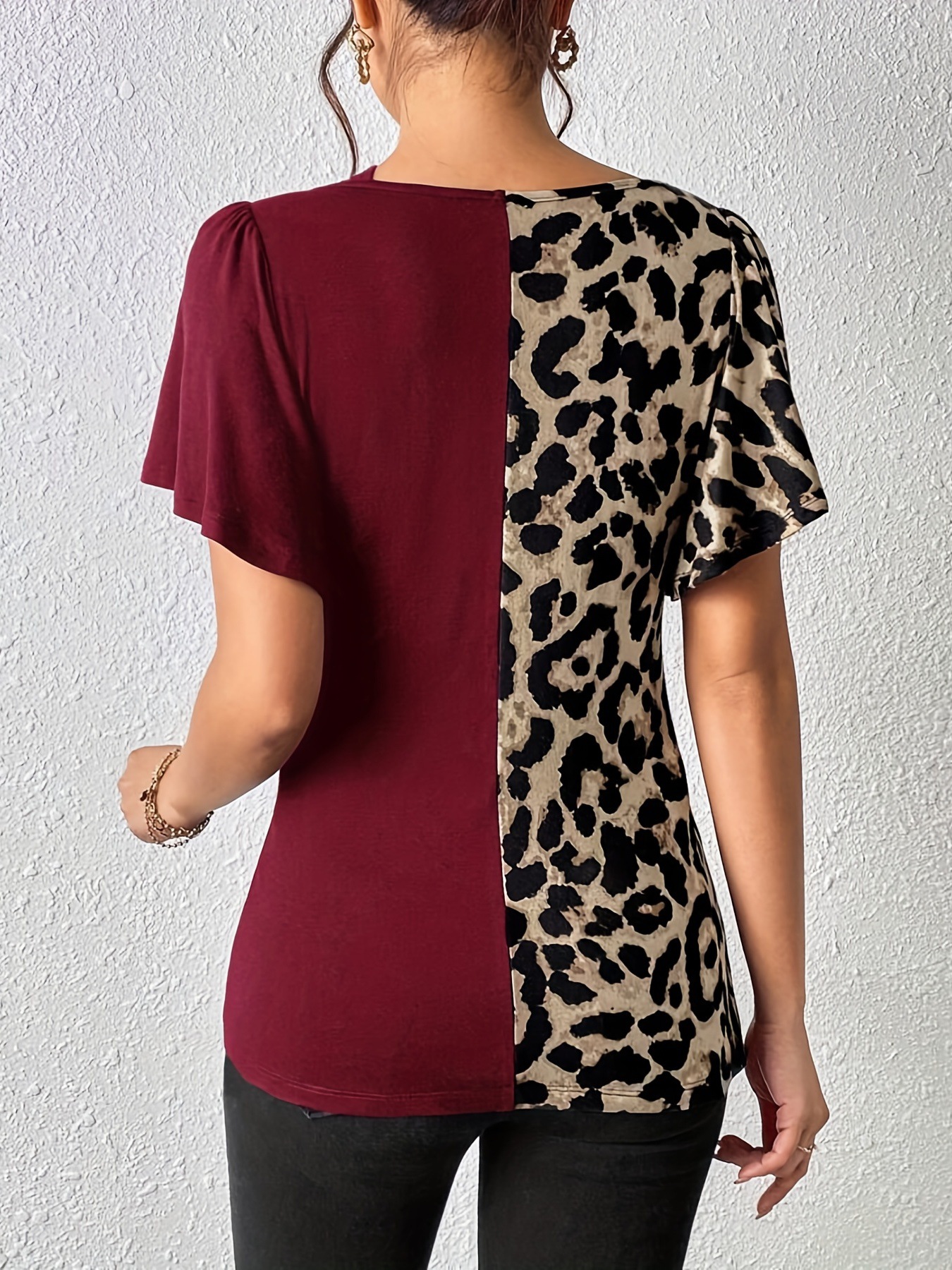 New Women's Leopard Print Asymmetrical Collar Butterfly Sleeve Patchwork Top European American Style_ecoleips.com