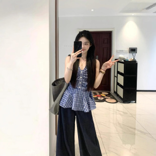 Korean Style Halterneck V Neck Sleeveless Camisole Women's Design Waist-Cinching Plaid Shirt Top Summer New Style