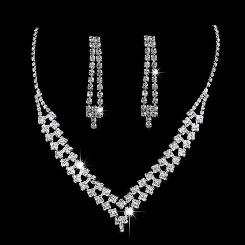 Стильное diamond серебряное украшение, ожерелье и серьги для невесты, набор