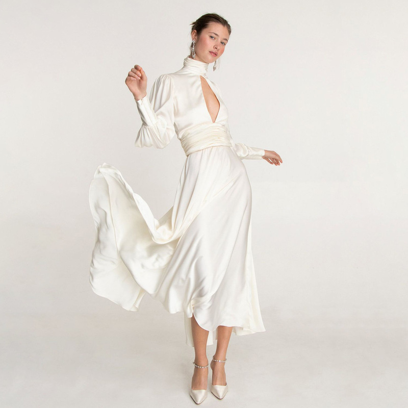 New European and American Cross-Border Women's Clothing Sexy Backless Hollow Deep V Long Dress Puff Sleeves High Collar Satin Lace-Up Evening Dress New European and American Cross-Border Women's Clothing Sexy Backless Hollow Deep V Long Dress Puff Sleeves High Collar Satin Lace-Up Evening Dress