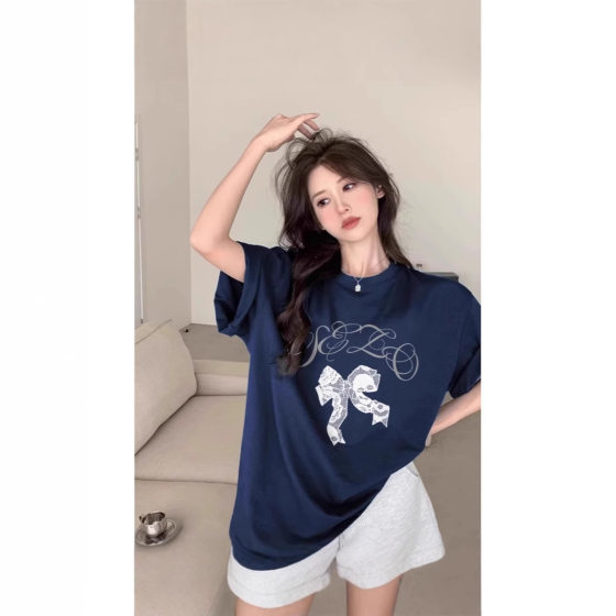 Tibetan Blue American Style oversize Short-sleeved T-shirt Women's Explosive Summer plus size Loose Slimming Cotton Half-sleeved Top