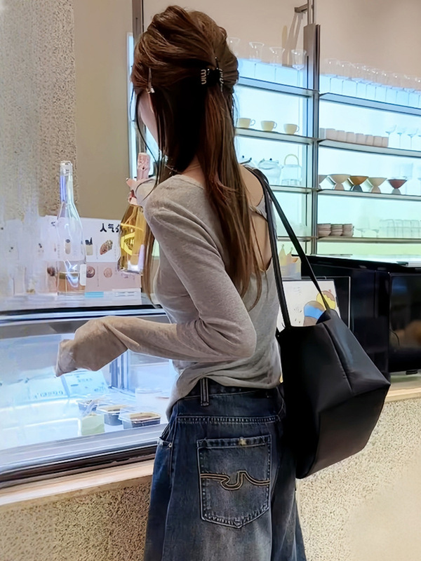 灰色长袖t恤女秋季2025款韩系别致chic小衫巨好看设计感露背上衣|undefined