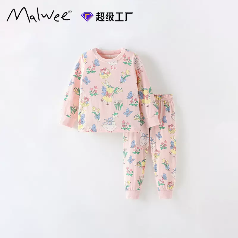 跨境malwee女童套装秋冬新款欧美中小童可爱小女孩家居服两件套