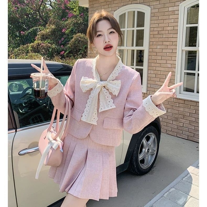法式小香风小个子穿搭一整套女2025春新款蝴蝶结外套百褶裙两件套|undefined