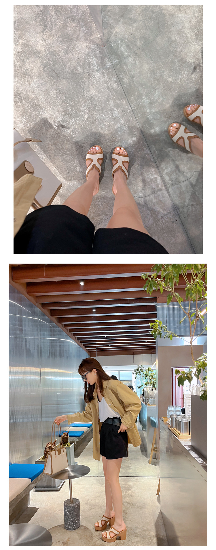 Dép sandal nữ quai chữ V da bò cao cấp đế xuồng dày, gót thô hở mũi, mùa hè — màu kaki chi tiết 13