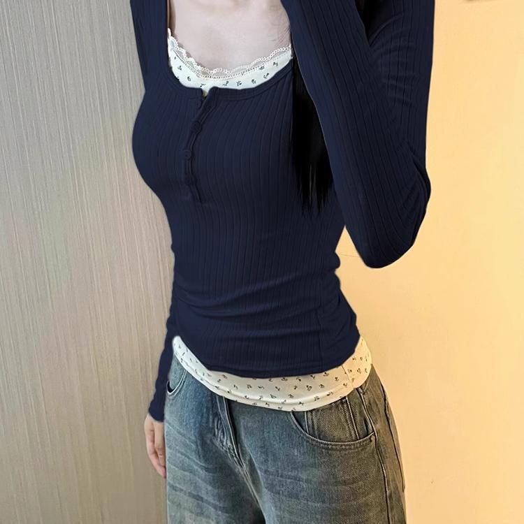 小个子碎花假两件打底衫女生秋季修身长袖t恤甜辣早秋chic上衣|undefined