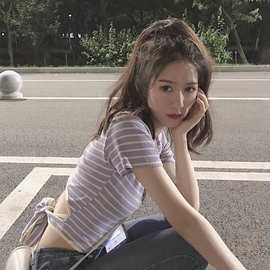 辣妹露背条纹短袖T恤女装夏季2025新款设计感短款学生绑带上衣潮