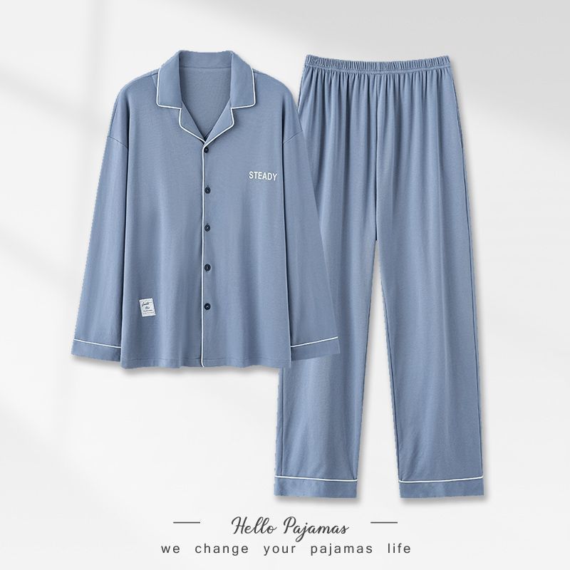 Pijamas de algodón para hombres primavera y otoño delgados de manga larga juveniles simple color sólido ropa de hogar grande