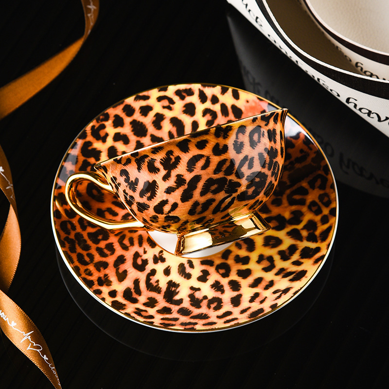 Leopard Print Classic Style High-looking Bone China Cup and Saucer European Tea Cup Set Internet Celebrity Cup and Saucer Exquisite Ceramic Coffee Cup