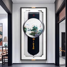 新中式玄关装饰画刺绣实物画高档大气山水画苏绣客厅走廊过道挂画