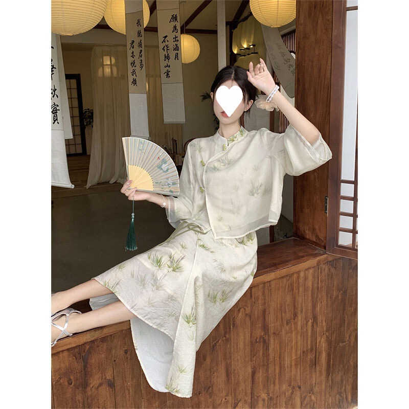 New Chinese-Style Fairy-Like Floral Short-Sleeved Chiffon Shirt and Mid-Length Skirt for Women, Summer 2026 New Fashion Set New Chinese-Style Fairy-Like Floral Short-Sleeved Chiffon Shirt and Mid-Length Skirt for Women, Summer 2026 New Fashion Set