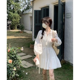 2025 Spring and Autumn New Ethnic Style Hollow French Stitching Long Sleeve dress Autumn Bohemian Loose Skirt
