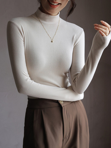 Upgraded Quality Duvet-Fleece Autumn/Winter Ribbed Half-High-Neck Base Layer Top for Women—Long-Sleeved Slim-Fit Bottoming Top with Medium-Height Neckline