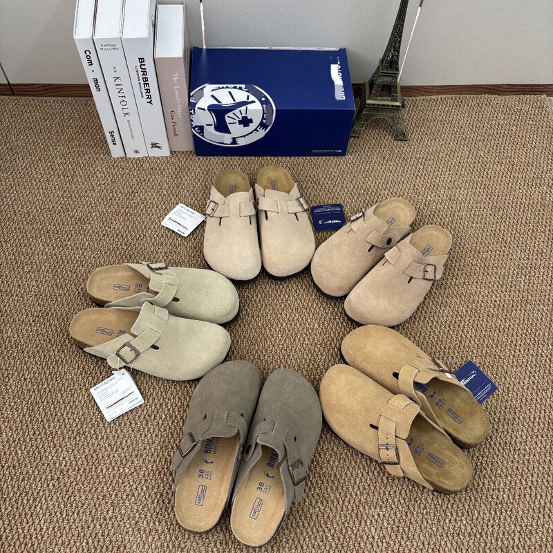 Sanpo Genuine Leather Birkenstock-Style Shoes, Autumn and Winter Cork Sole, Unisex Half-Slip Closed-Toe Thick-Soled Birkenstock-Style Slippers