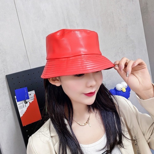 PU leather fisherman hats for girls, suitable for spring and autumn, British trend, niche items, retro fashionable, versatile, leather hats, octagonal beanie hats