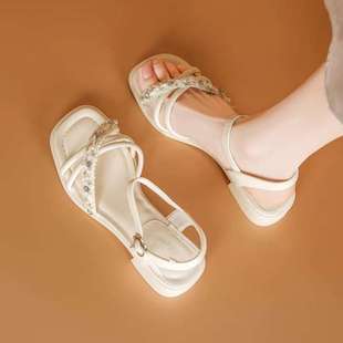European Roman Summer Temperament Fairy French Rhinestone Sandals 2025 New Style One-Line Skirt Fashion Women's Shoes with Thick Heels