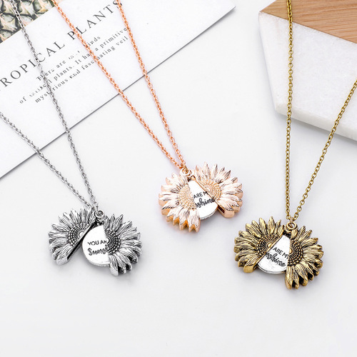 Wish New Item Accessory Open Sunflower Double Engraved Pendant Flower Shape Necklace Manufacturer Wholesale