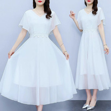 白色雪纺连衣裙夏遮肚显瘦蕾丝裙子荷叶边海边度假沙滩裙长裙女夏