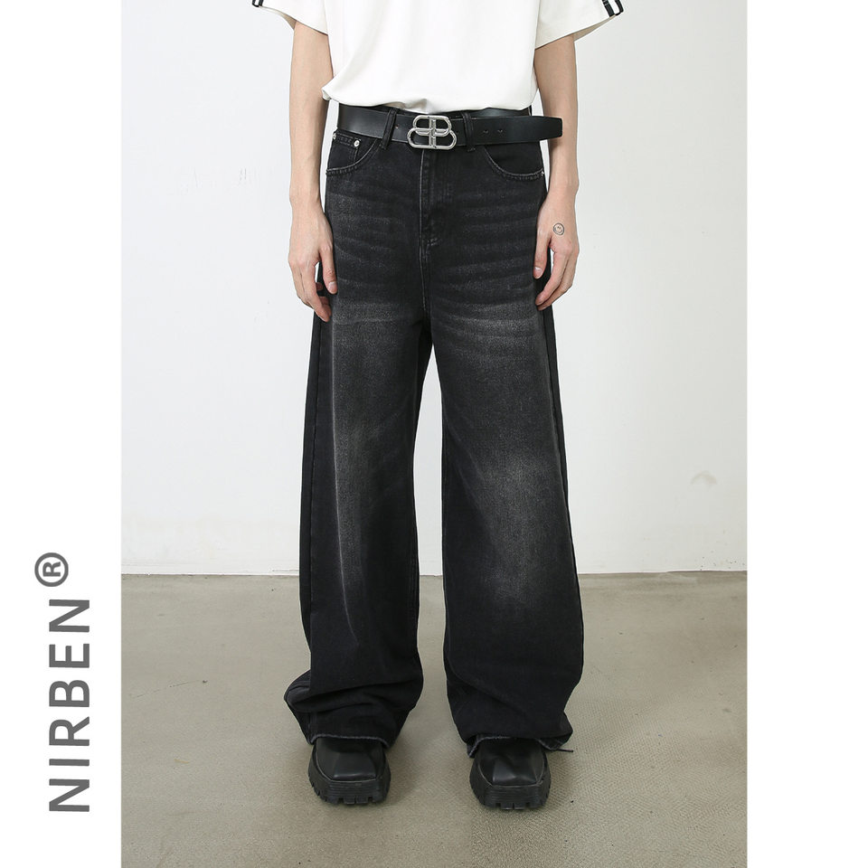 Quần jean nam ống rộng giặt nước phong cách Hàn, cạp vừa lưng thẳng — Denim đen, Màu đen, Ngụy trang màu mơ, Xanh lam cổ điển