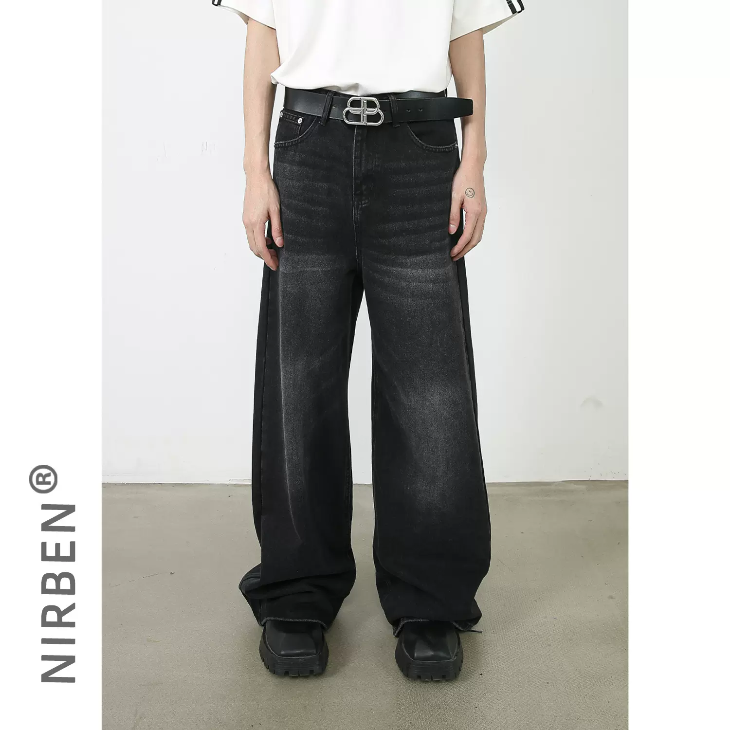 nirben牛仔|国潮水洗牛仔裤男士痞帅韩版宽松水洗直筒阔腿拖地裤