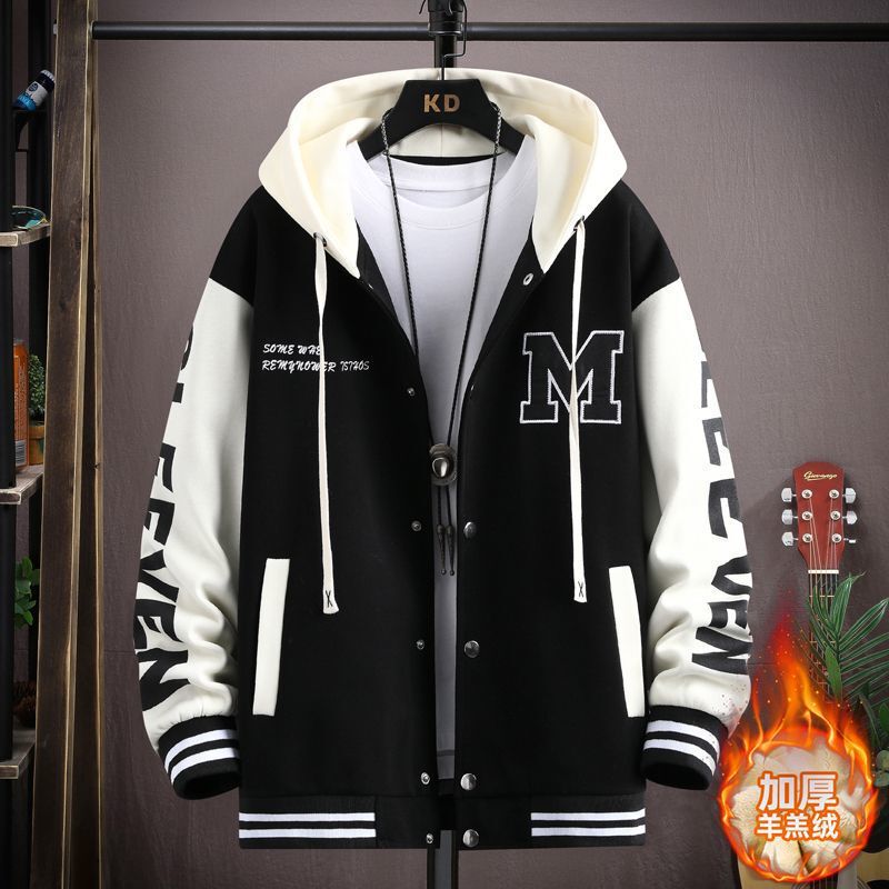 Autumn and winter fleece-lined thick coat men's Senior high school junior high school students cotton-padded jacket teenagers handsome big boy men's baseball uniform