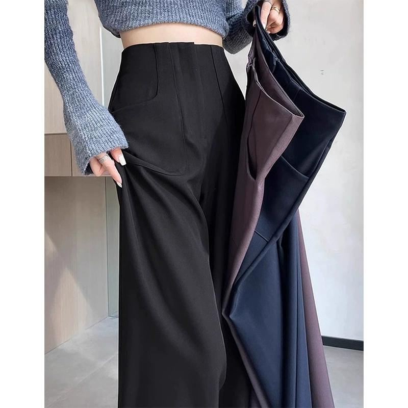 Черный высокий узкий костюм широкие брюки женские осенние новые высокие талии