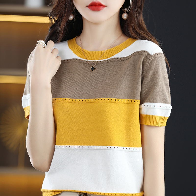 100% Pure Cotton Color-Block Striped Round Neck Short-Sleeve Women's Summer New Comfortable Breathable Versatile T-Shirt Trendy Top
