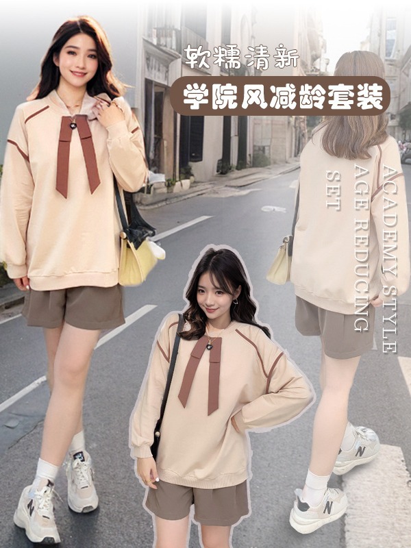 60-175kg Plus Size Preppy Style Two-Piece Women's Clothing 2025 Spring & Fall New Fat Sister Casual Sweatshirt Shorts