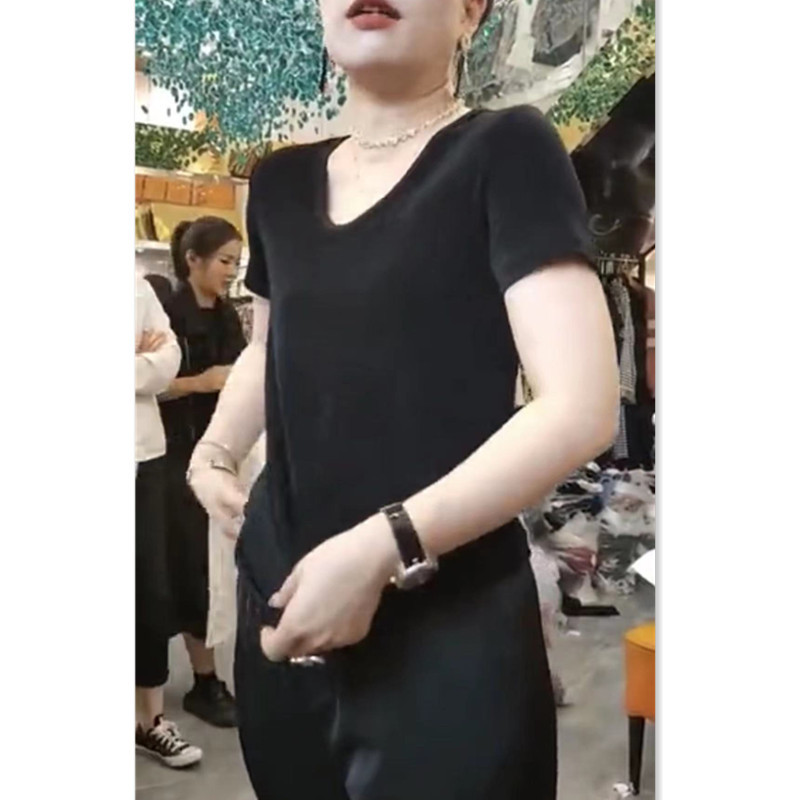 9971大爱美依缘2026春夏季新款时尚黑色打底衫V领短袖修身T恤上衣