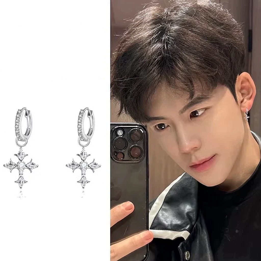 Sparkling Full Diamond Iris Flower Cross Earrings for Men, Niche Design, Stylish Versatile Exquisite Stackable Earrings