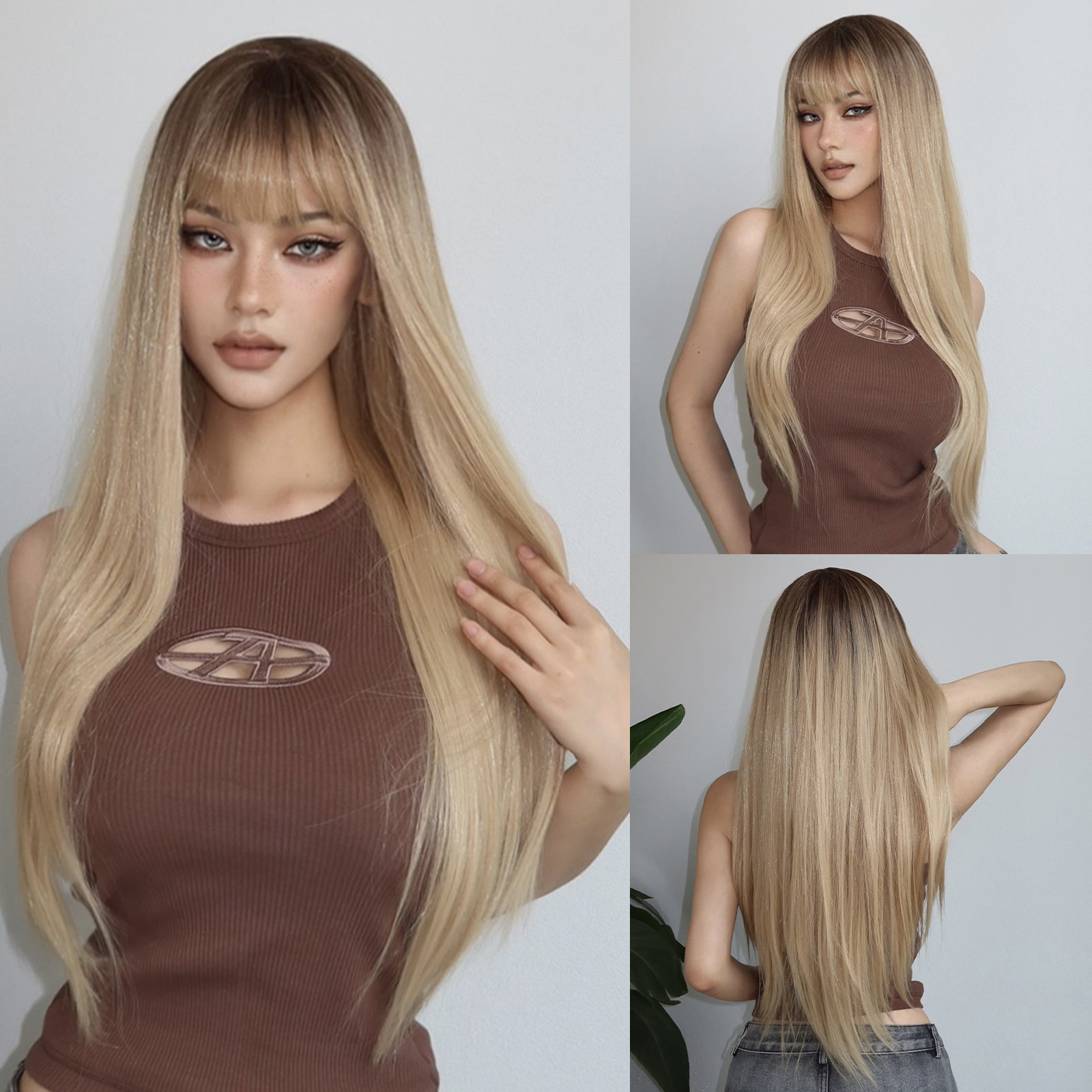 Peluca popular transfronteriza con flequillo, cabello largo liso con degradado dorado, fabricante de seda de fibra química de alta temperatura, pelucas al por mayor