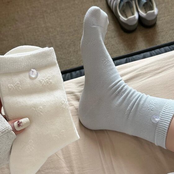 Bow button socks women's spring and autumn mid-length socks cotton yarn piled socks white gray slim stockings