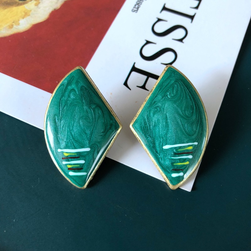 10g Weight No Inlaid Inlay Material Earrings, Ear Studs Classification Travel Occasion Printing Pattern Women'S Gender Plating Design Simple Style Style Green, Gold, Silver Color Fashion Geometric Flower Green Fan-shaped Earrings 7