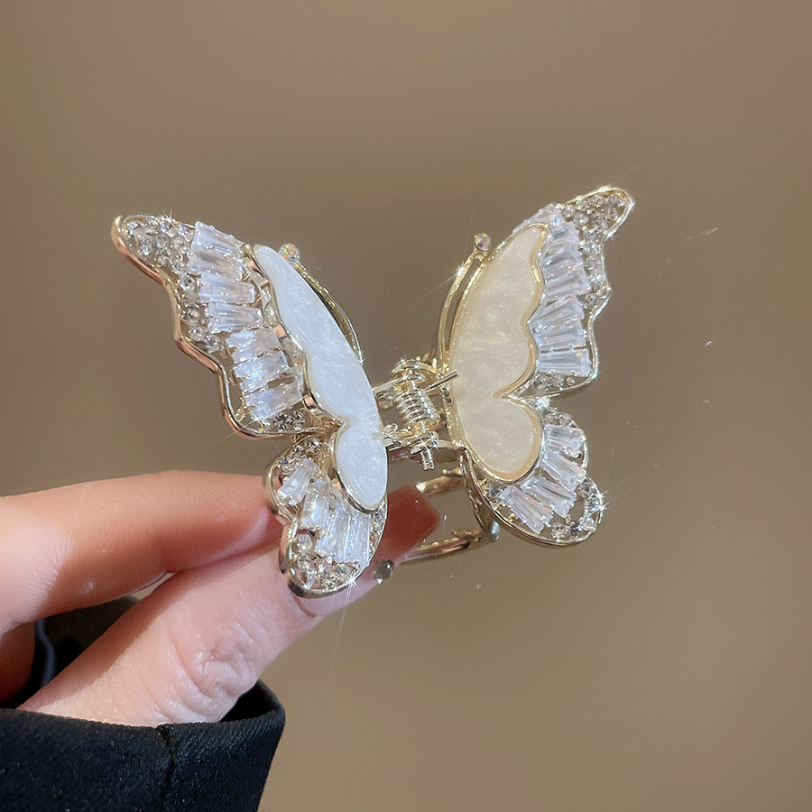 Zircon Fritillaria Horquilla de mariposa de doble capa Temperamento exquisito de alta calidad Clip de tiburón en la parte posterior de la cabeza Clip de agarre de moda Accesorios para el cabello femenino