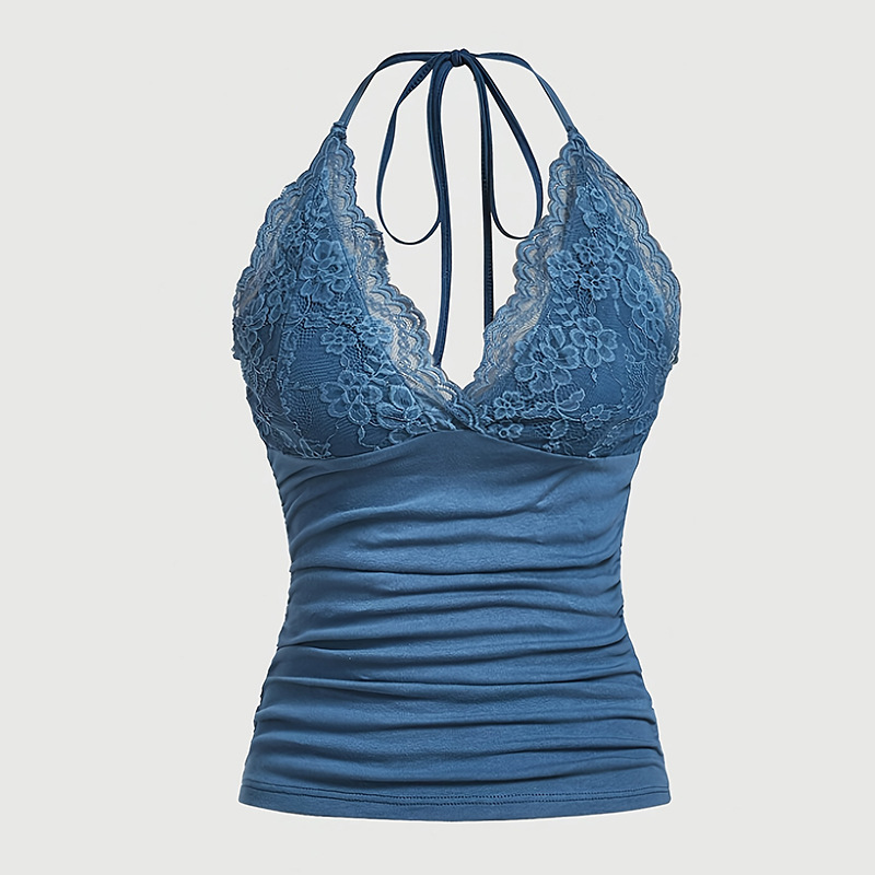 2025 Summer New Solid Color Suspender Women's V Neck Pleated Top Lace Stitching Hanging Neck Casual Suspender