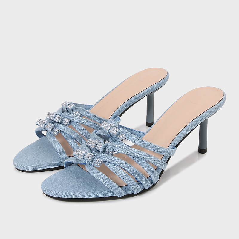 ZA2025 Summer New Women's Shoes Blue Light Denim Bow Ornaments High Heel Sandals Rhinestone Fashion Half Slippers