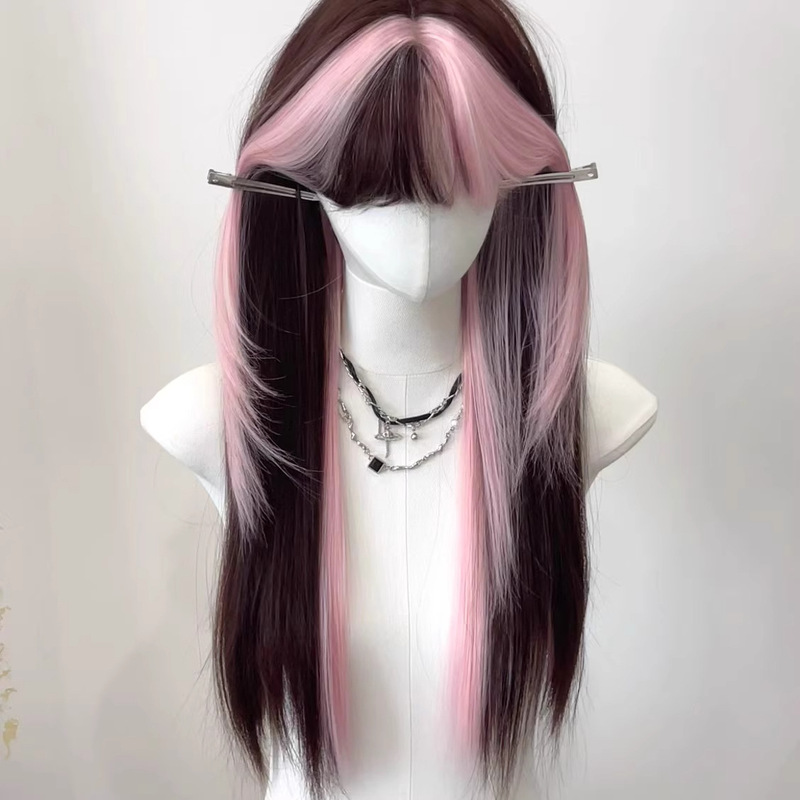 假发女齐刘海粉色挑染棕日常cos甜酷长直发lolita整顶自然全头套|undefined