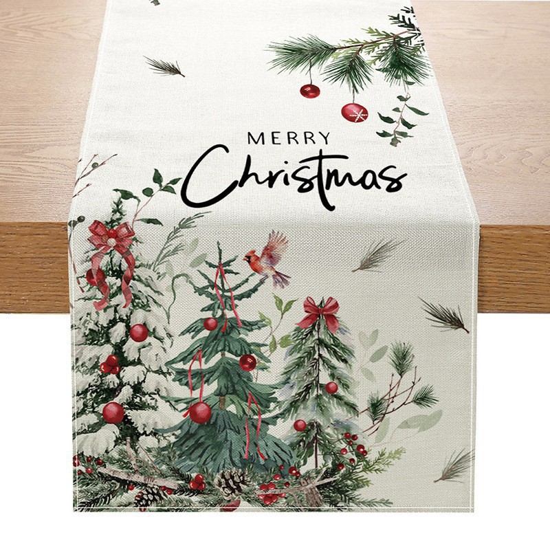 Camino de mesa navideño con estampado de muñeco de nieve y Santa