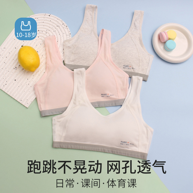 Pure Cotton Developmental Girls' Intimates, Cool Mesh Breathable Cotton Fixed Cup Bra, Middle School Students' Thin Sports Bra