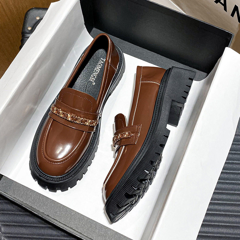 Giày lười nữ mũi tròn đế bằng gót thô 3-5 cm — Màu nâu, Màu đen