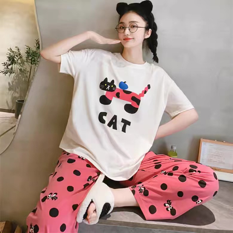 2025 pijamas de mangas cortas de mujer pantalones largos de verano delgados dibujos animados casuales lindos ropa de casa de viento rojo se puede usar fuera