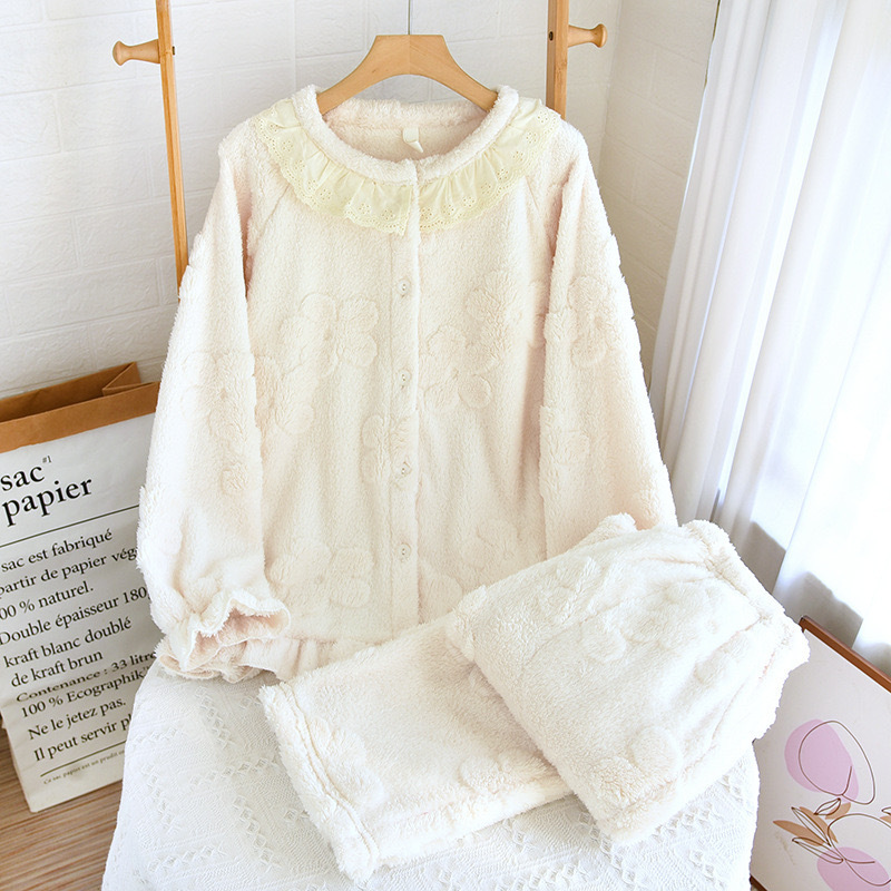 Autumn and Winter New Cotton Velvet Pajamas Women's Cute Lace Long Sleeve Cardigan Home Clothes Warm Coral Velvet suit Loose