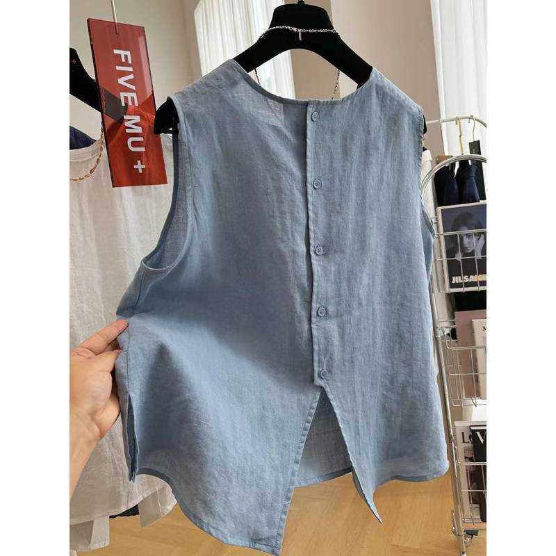 Cotton and Linen Beautiful Round Neck 2025 Summer Thin Loose Artistic Versatile Shirt Sleeveless Top Vest for Women